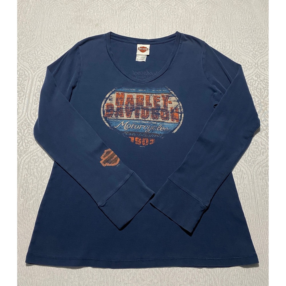 Harley Davidson Shirt Womens L Blue V-Neck Long Sleeve Rhinestone Woodstock IL